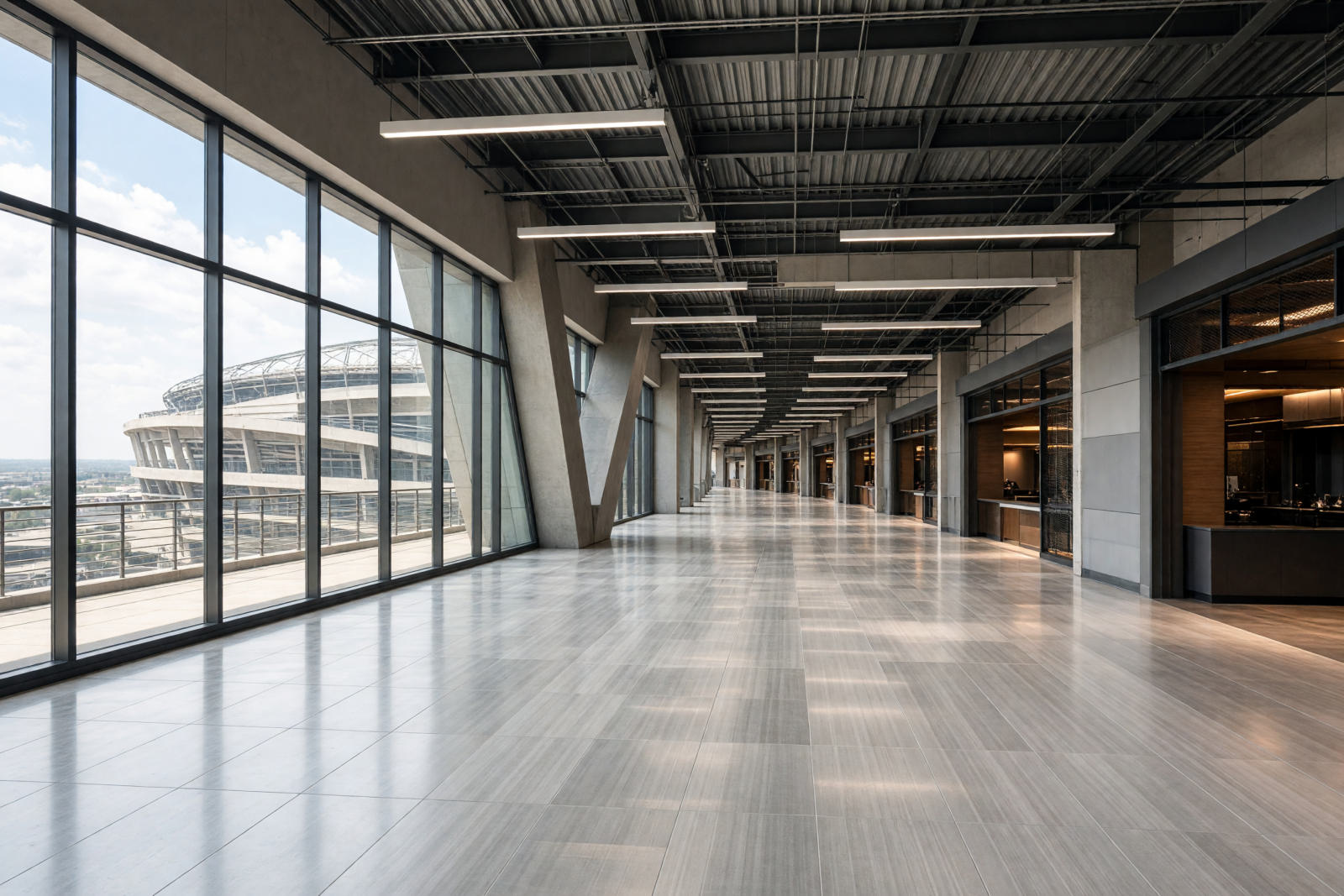 Rendering of a wide tiled stadium concourse with a glass wall on one side