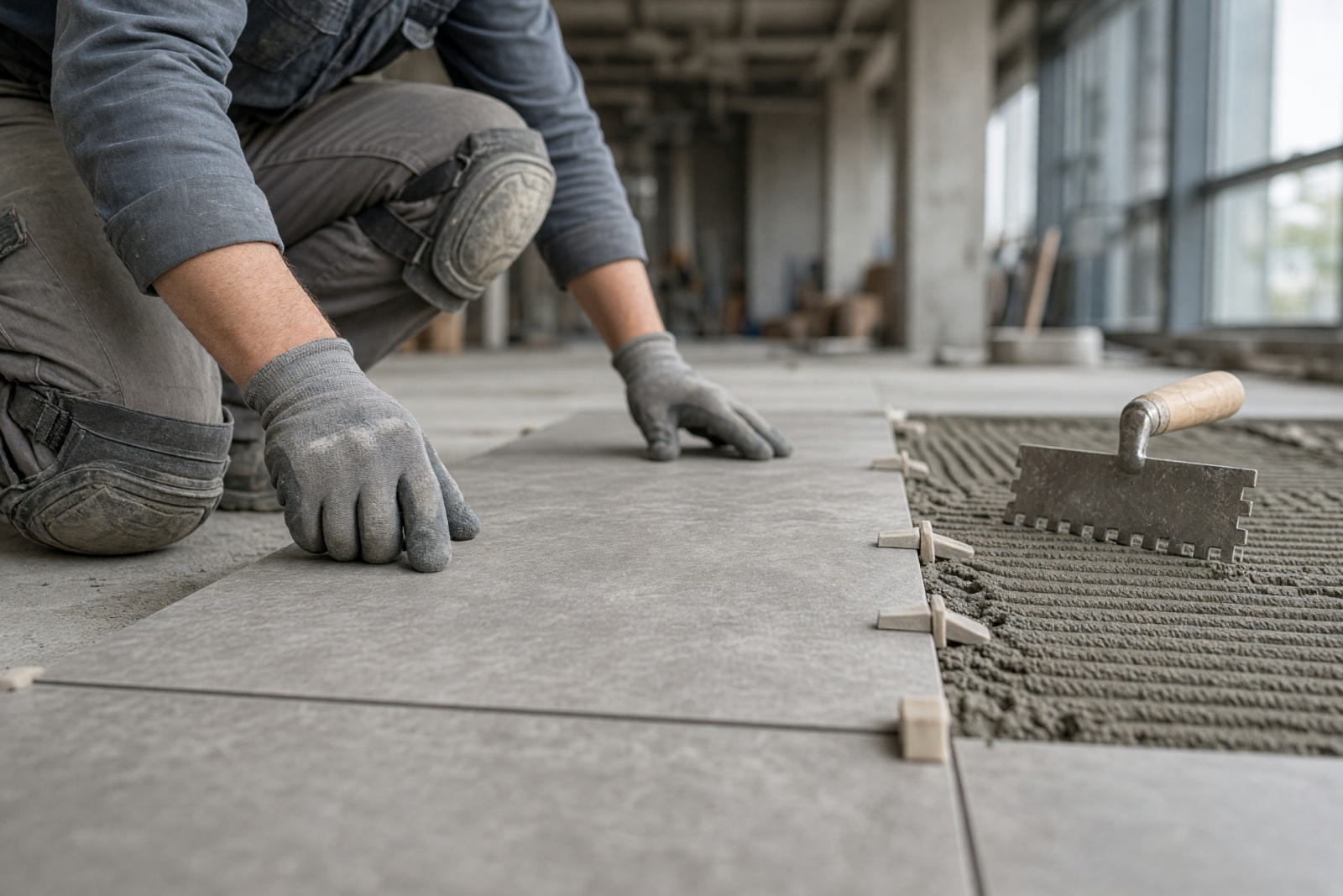 Rendering of a tile setter placing a large-format porcelain panel