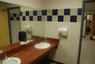 Dallas Christian School science building, restroom with navy checker band
