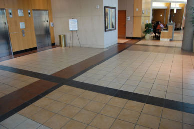 John Peter Smith Hospital, lobby floor with dark tile bands