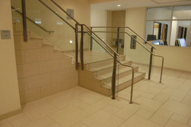 SMU Caruth Hall, stair and lobby with stone floor