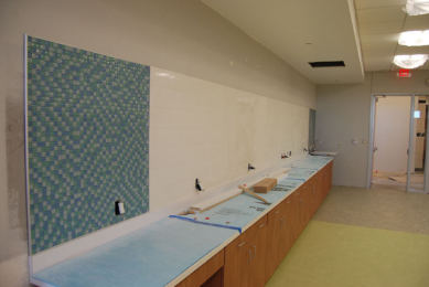 Texas Woman's University Stroke Center, reception with glass mosaic wall